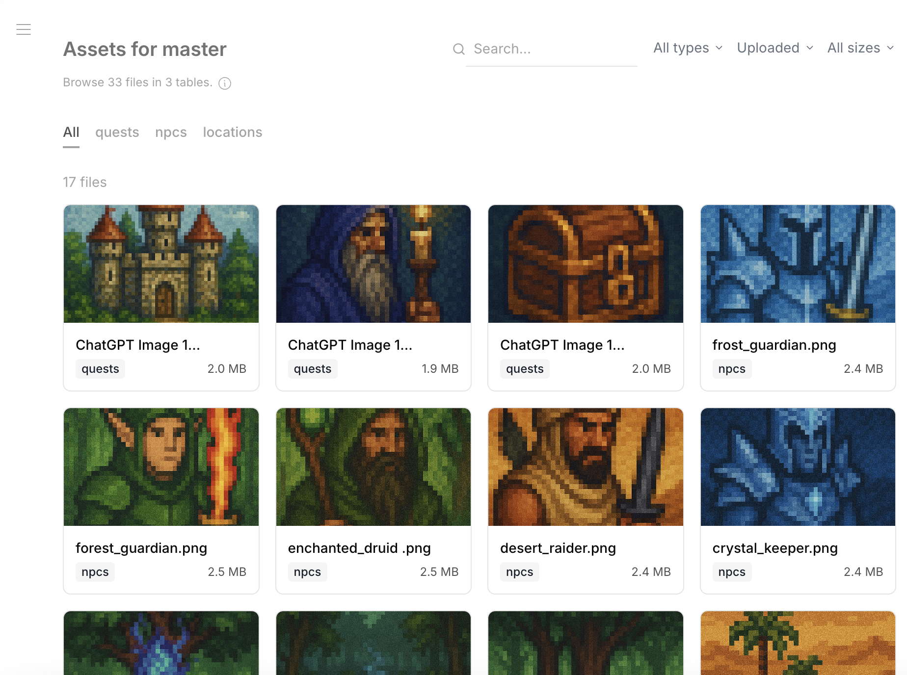 Assets gallery — file grid with thumbnails, search, type/status/size filters, and table tabs