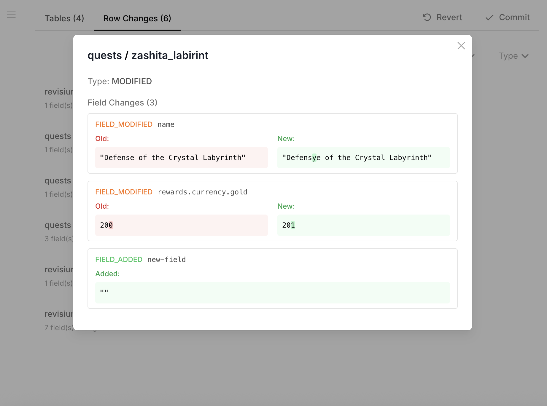 Diff dialog — field-level comparison showing old and new values for modified and added fields