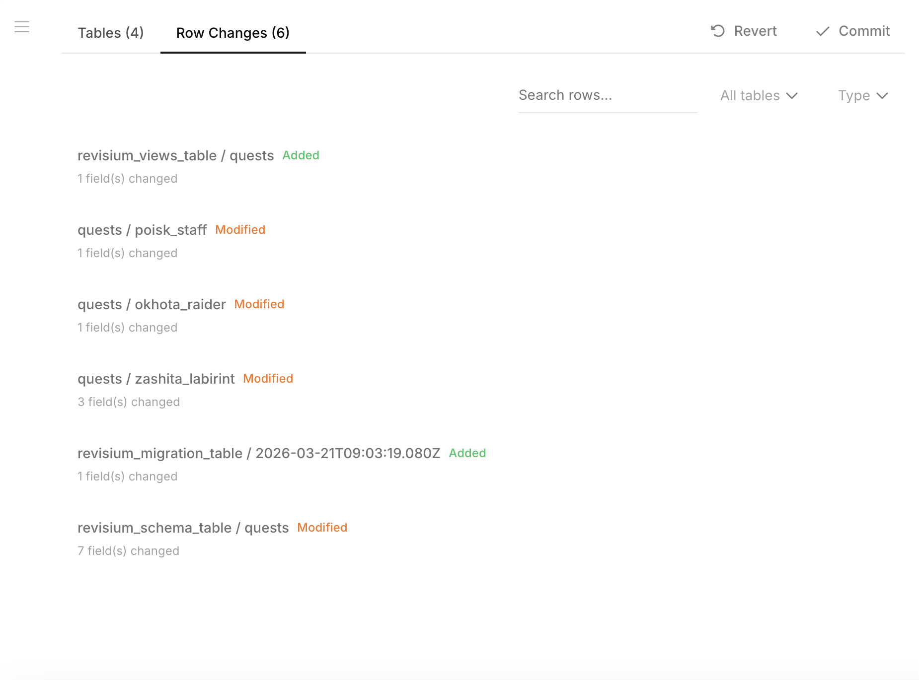 Changes list with 6 row changes across data, schema, migrations, and views