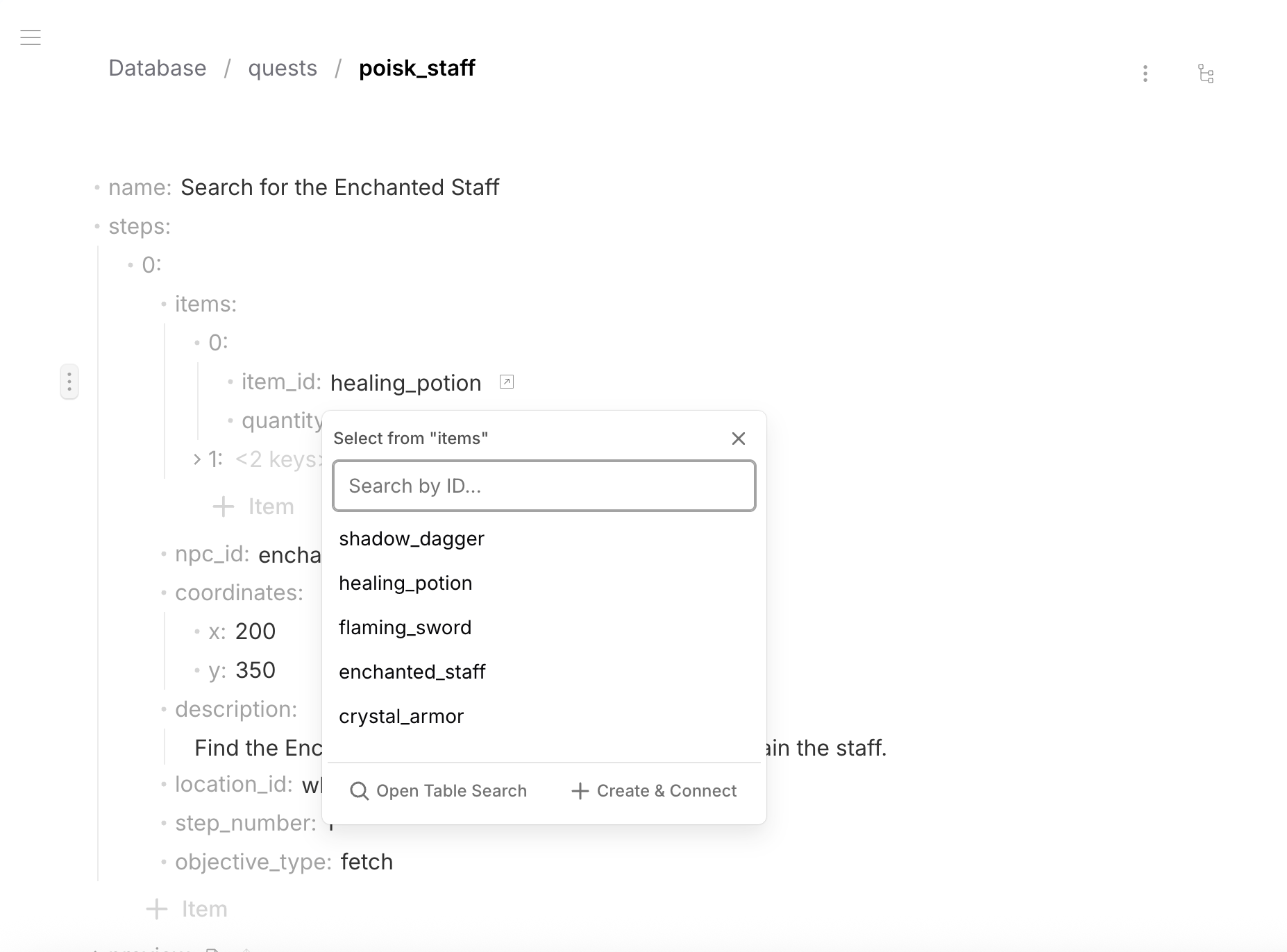 FK navigation — Select from items dropdown with search, Open Table Search, and Create and Connect