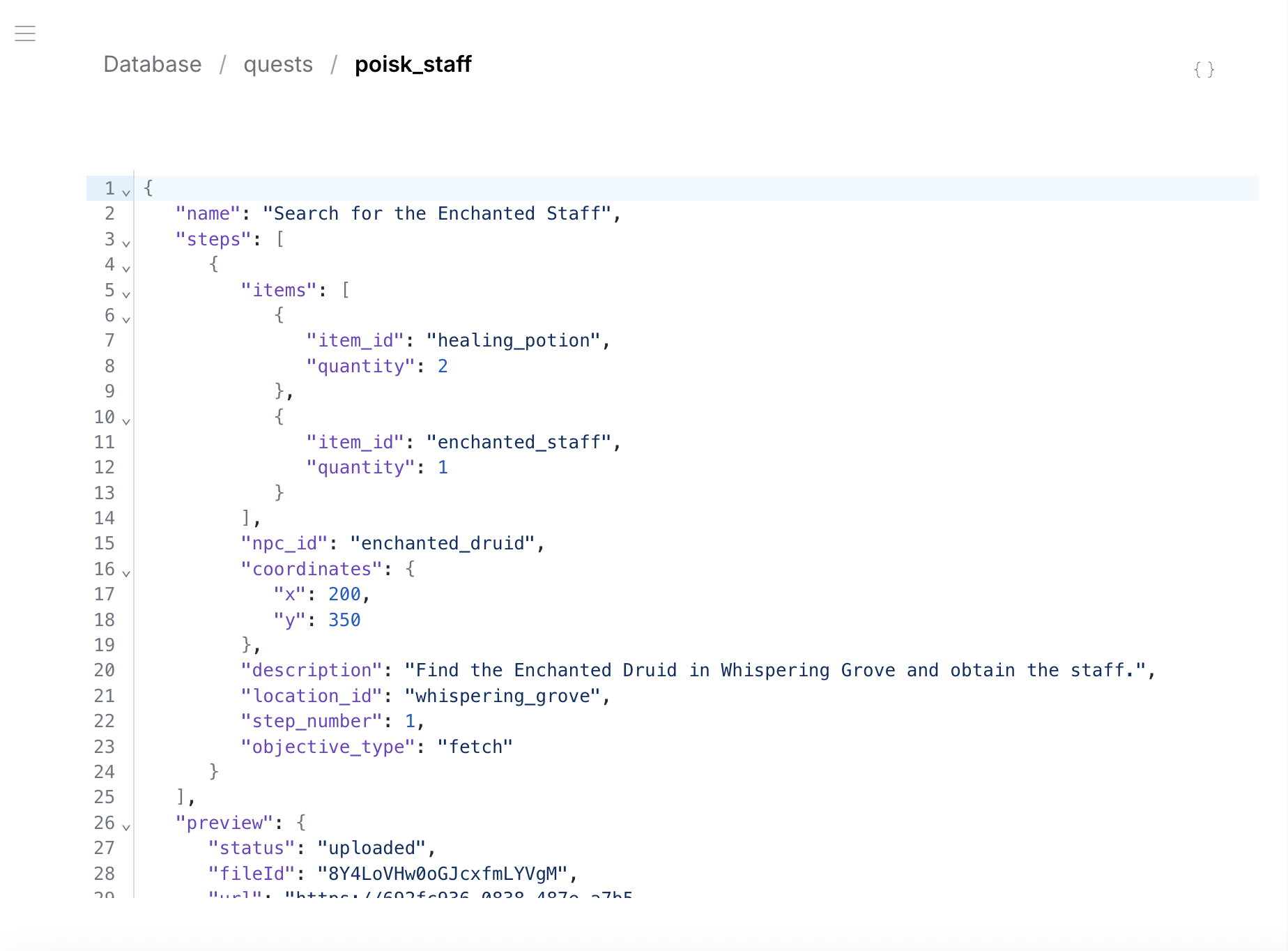 Row Editor JSON view — raw JSON data with syntax highlighting and line numbers