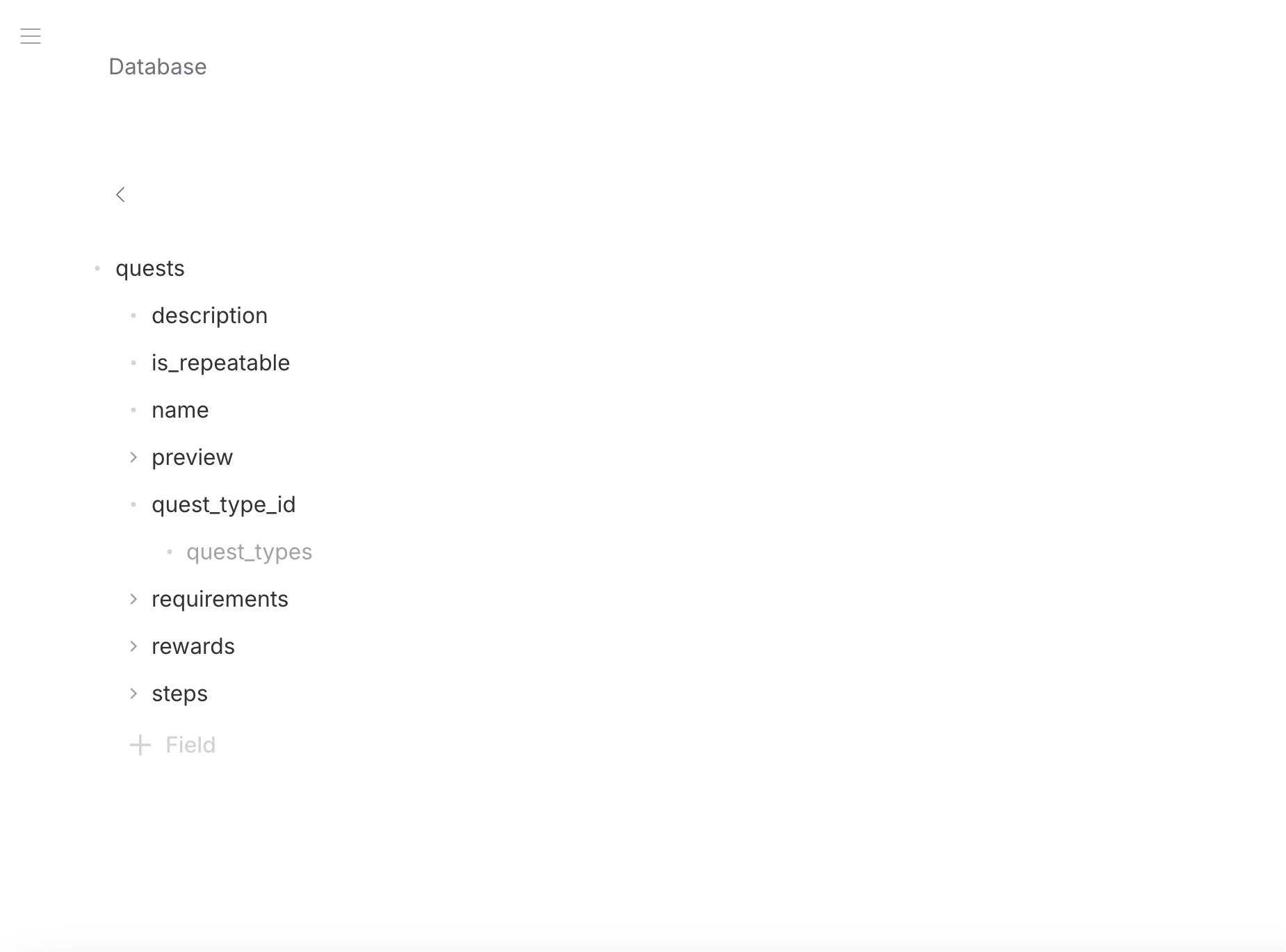 Schema Editor — quests table with nested objects, FK references, and field hierarchy