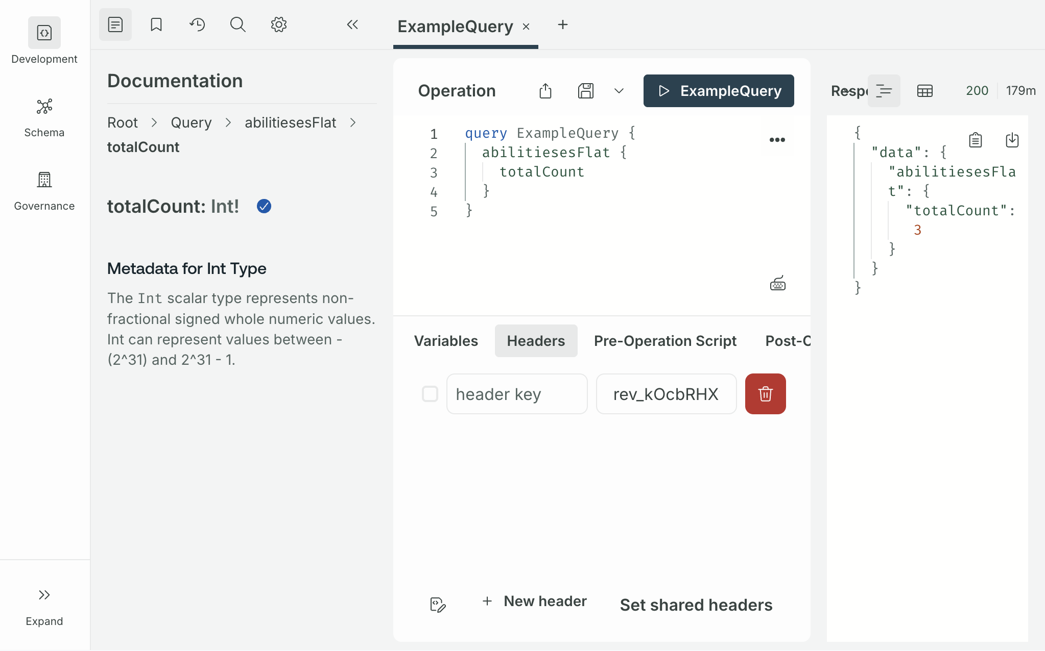 Apollo Sandbox — Headers panel with X-Api-Key header configured