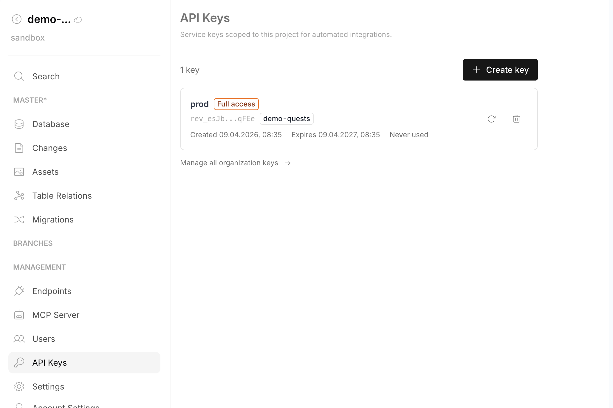 Project sidebar — API Keys page showing service keys scoped to this project with link to manage all organization keys