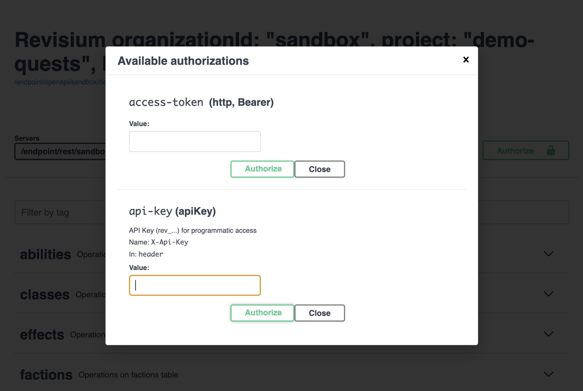 Swagger UI — Authorize dialog with access-token (Bearer) and api-key (X-Api-Key) options