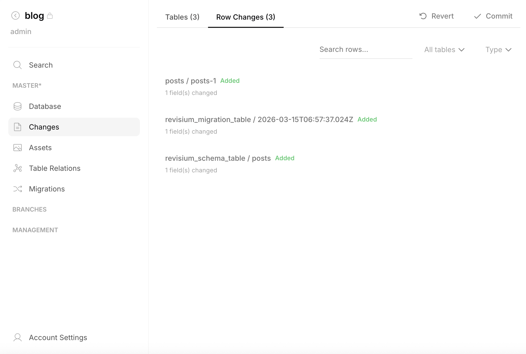 Changes — Row Changes tab with search and filter