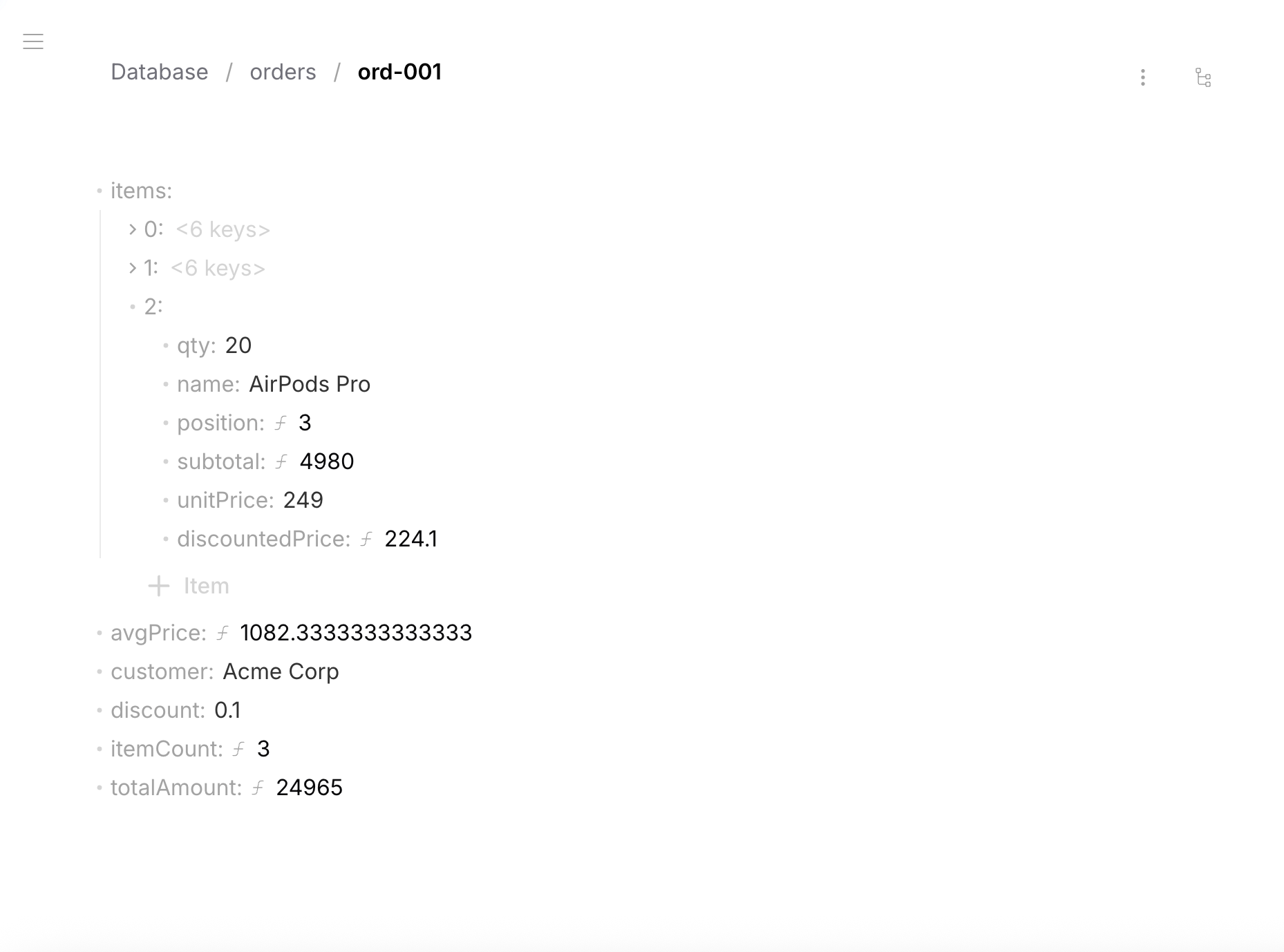 Row Editor — order with items showing computed position, subtotal, discountedPrice per item and aggregated totals