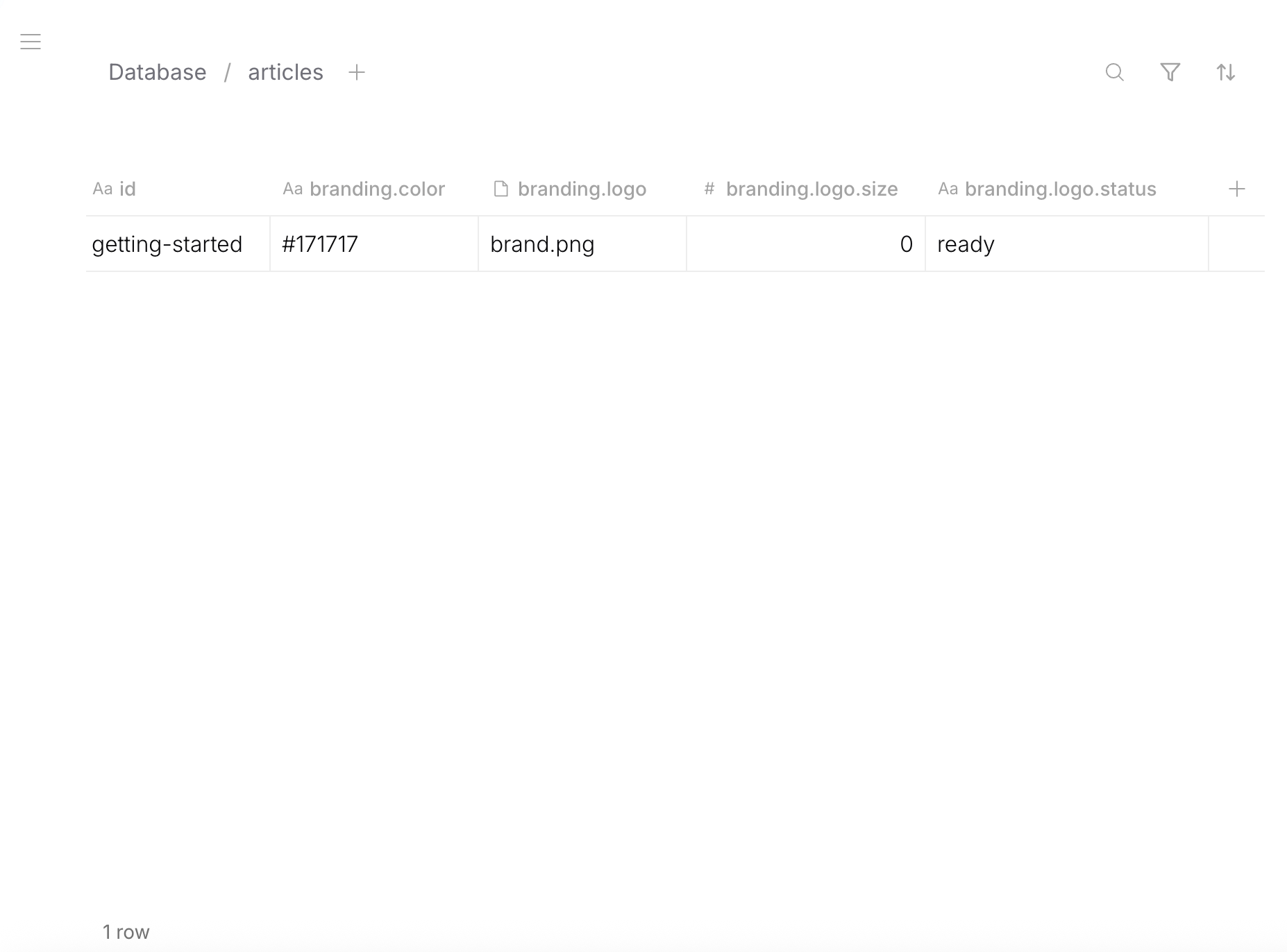 Table Editor — articles with branding.logo file columns (fileName, size, status)