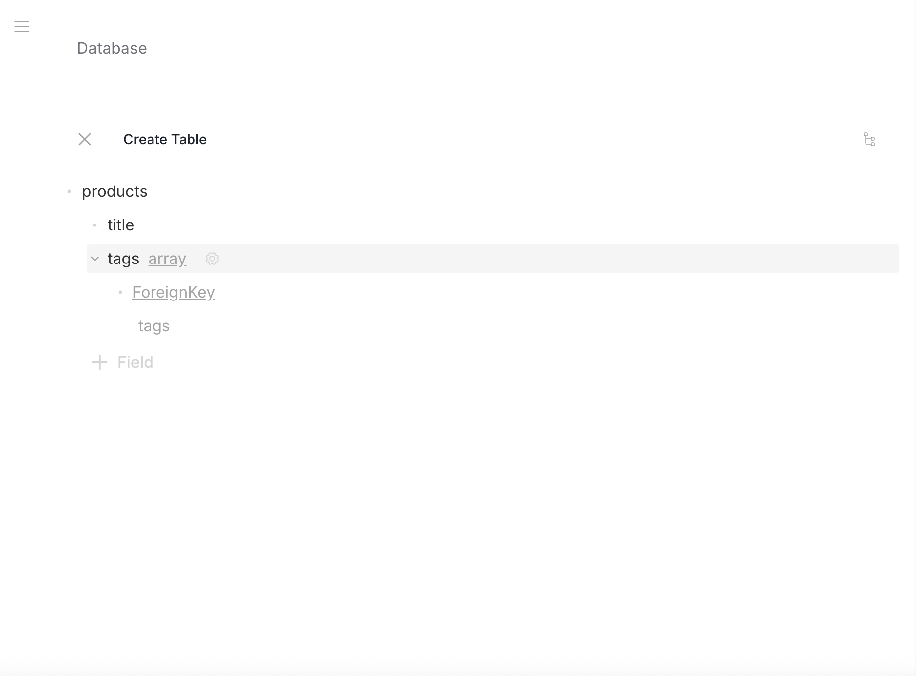 Schema Editor — tags array with ForeignKey items pointing to tags table