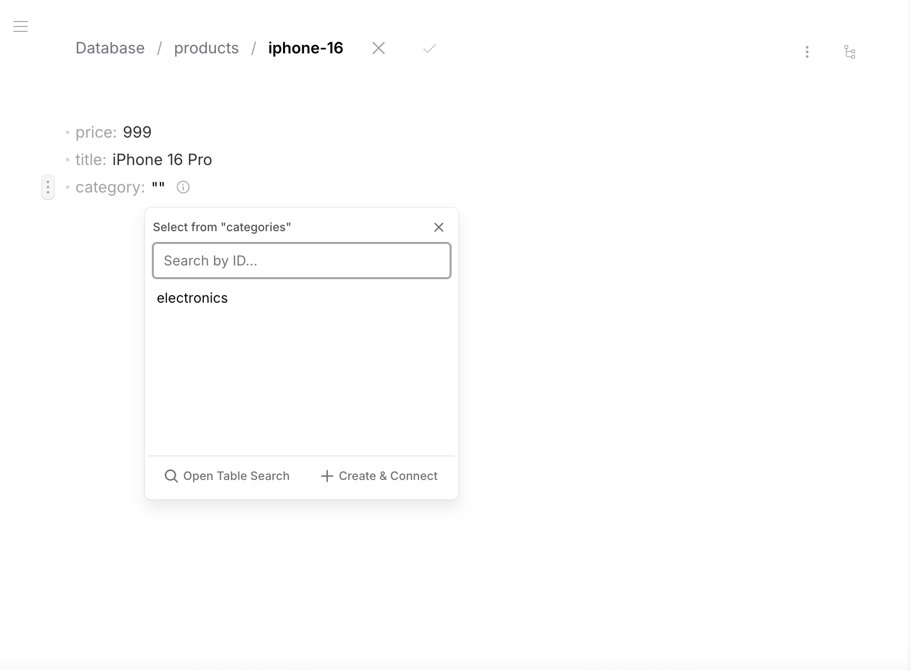 Row Editor — selecting a category from the referenced table with search