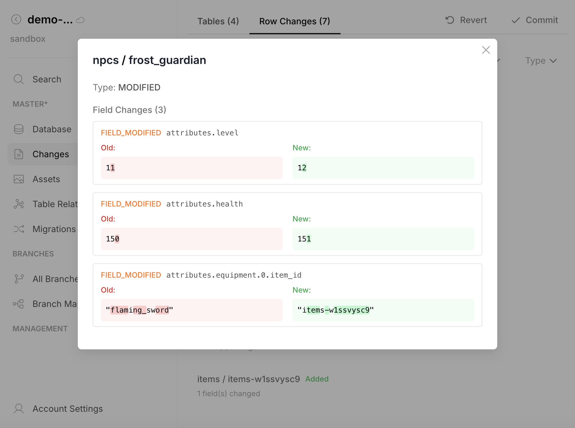 Row change detail — field-level diff with old and new values
