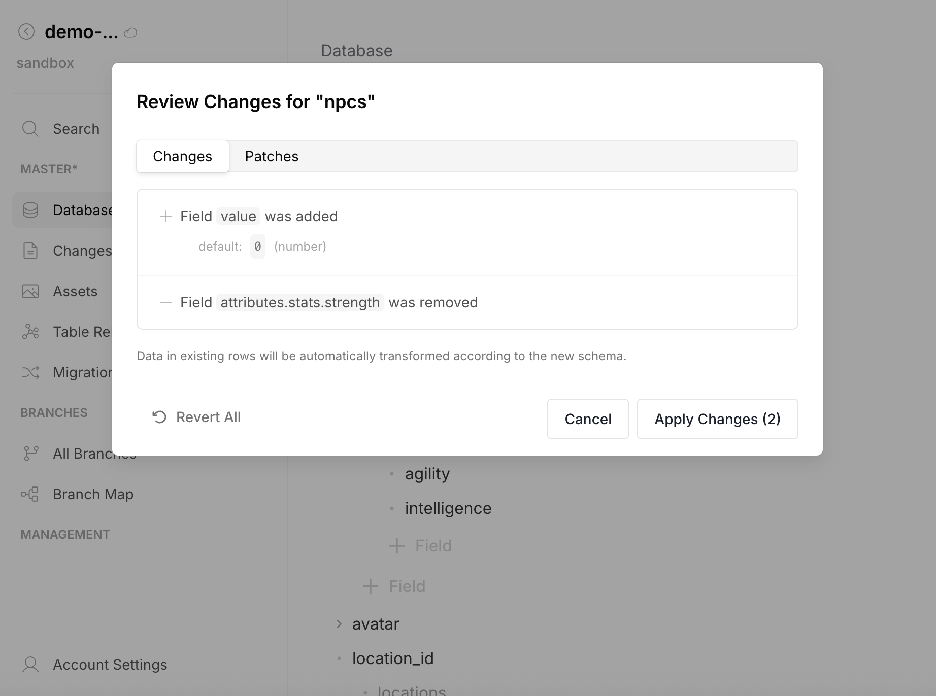 Schema Evolution — review changes dialog showing field added and field removed