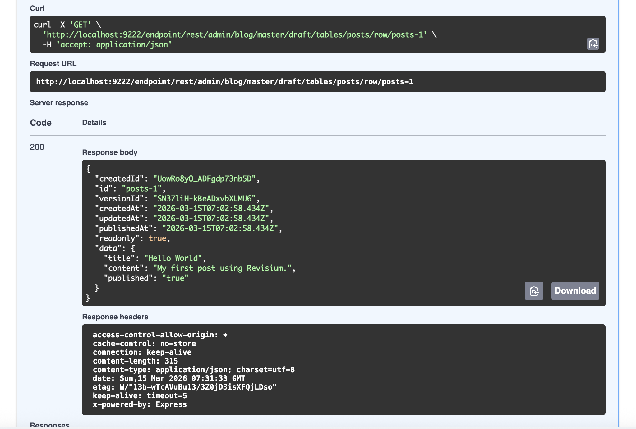 Swagger UI — GET request to posts/row/posts-1 with full JSON response